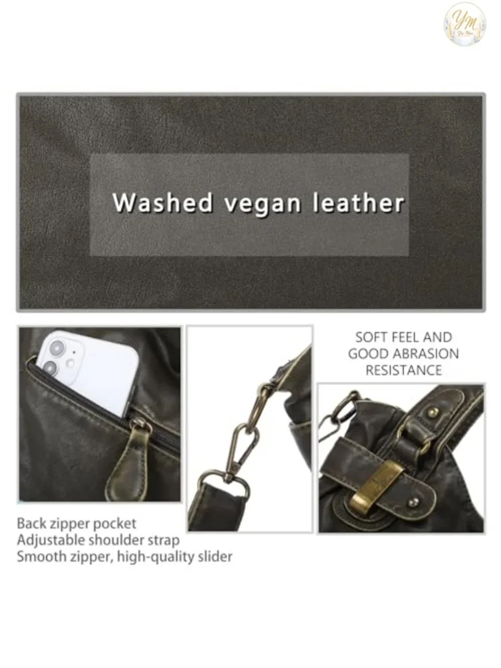 Large Washed Faux Leather Hobo Tote Double Zipper Multi Pockets Shoulder Bag